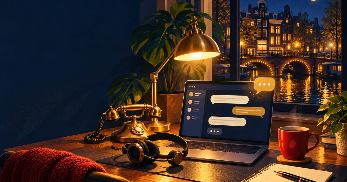 Bureau nocturne avec un ordinateur portable affichant une fenêtre de discussion avec des bulles, une bulle dorée lumineuse au-dessus de l'écran, un casque et un téléphone à côté
