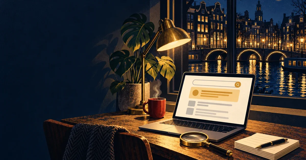 Night desk in front of a canal-side window with a laptop showing a search result with an answer box, a notepad with a short checklist and a brass lamp
