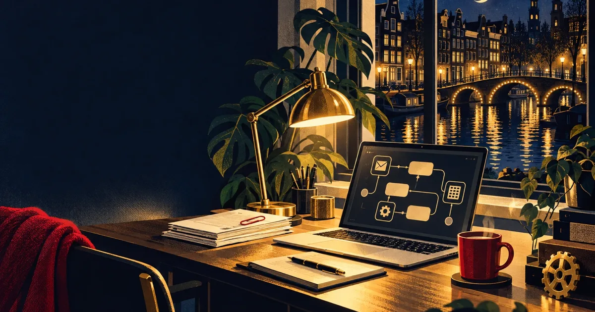 Illustration of a desk at night with a laptop running an automated workflow, to automate repetitive tasks with AI