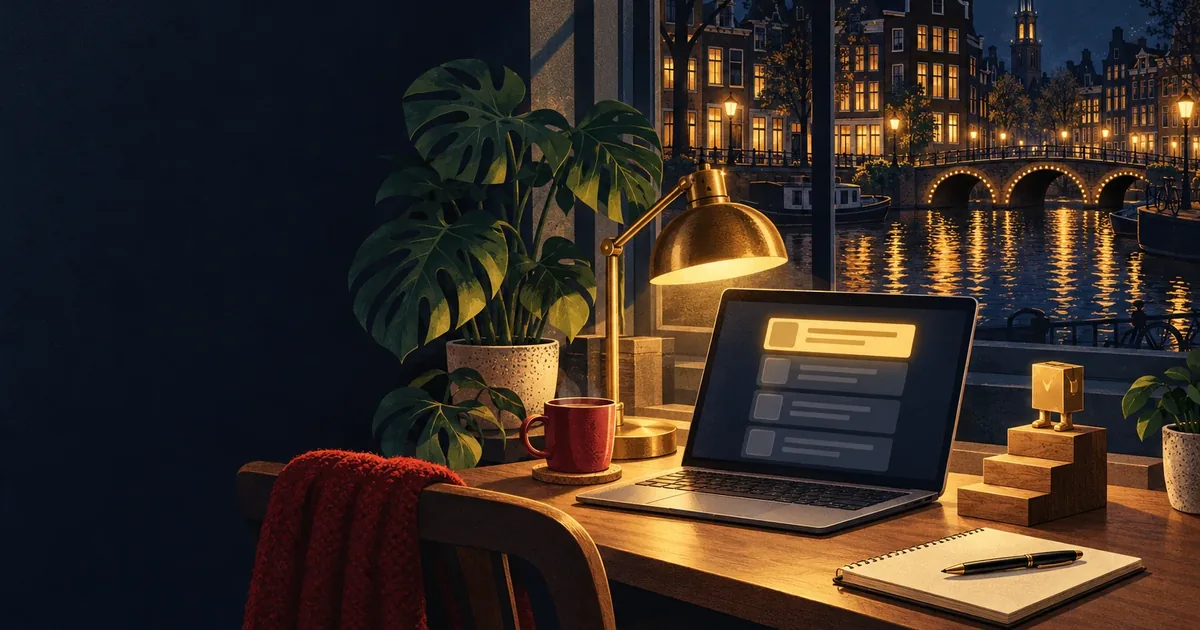 Nachtelijk bureau aan een raam met uitzicht op een Amsterdamse gracht, een laptop met een lijst zoekresultaten waarvan het bovenste resultaat goud oplicht, een rode mok, een trap van drie houten blokken met een klein gouden doosfiguurtje erop en een notit