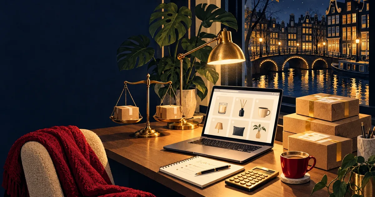Nachtelijk bureau aan een raam met uitzicht op een Amsterdamse gracht, een laptop met een webshop, een gouden weegschaal met op elke schaal een pakket, een stapel pakketten met gouden tape, een notitieblok en een rekenmachine