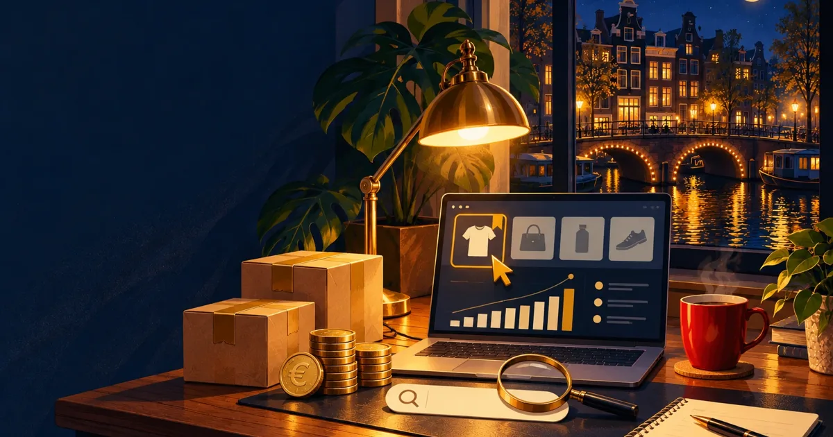 Bureau nocturne avec un ordinateur portable affichant un tableau de bord publicitaire avec des vignettes produit (l'une en surbrillance dorée), un graphique en barres montant, une pile de pièces en euros, des colis et une loupe