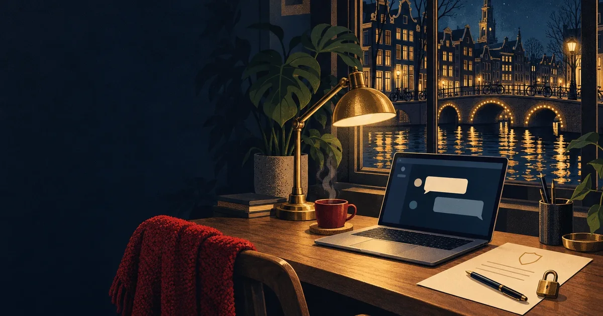 Night desk in front of a canal-side window with a laptop showing a chat window, a printed one-page policy with a pen and a brass lamp