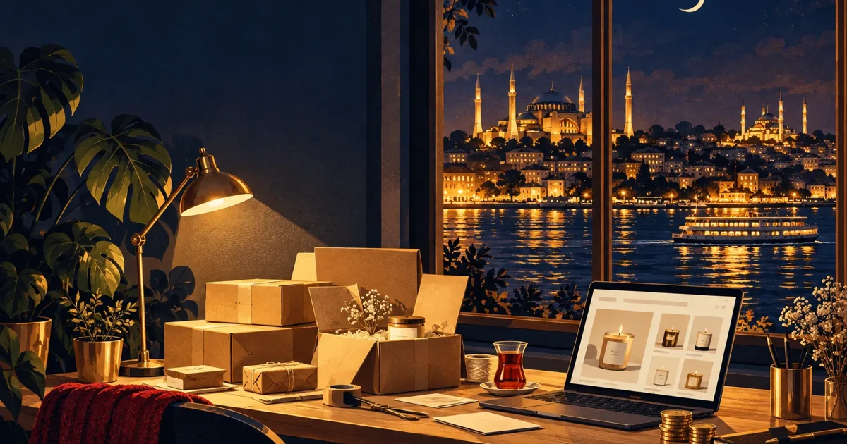 Boğaz manzaralı gece çalışma masasında kargo kutuları, dizüstü bilgisayarda mum ürün sayfası ve bir bardak çay illüstrasyonu