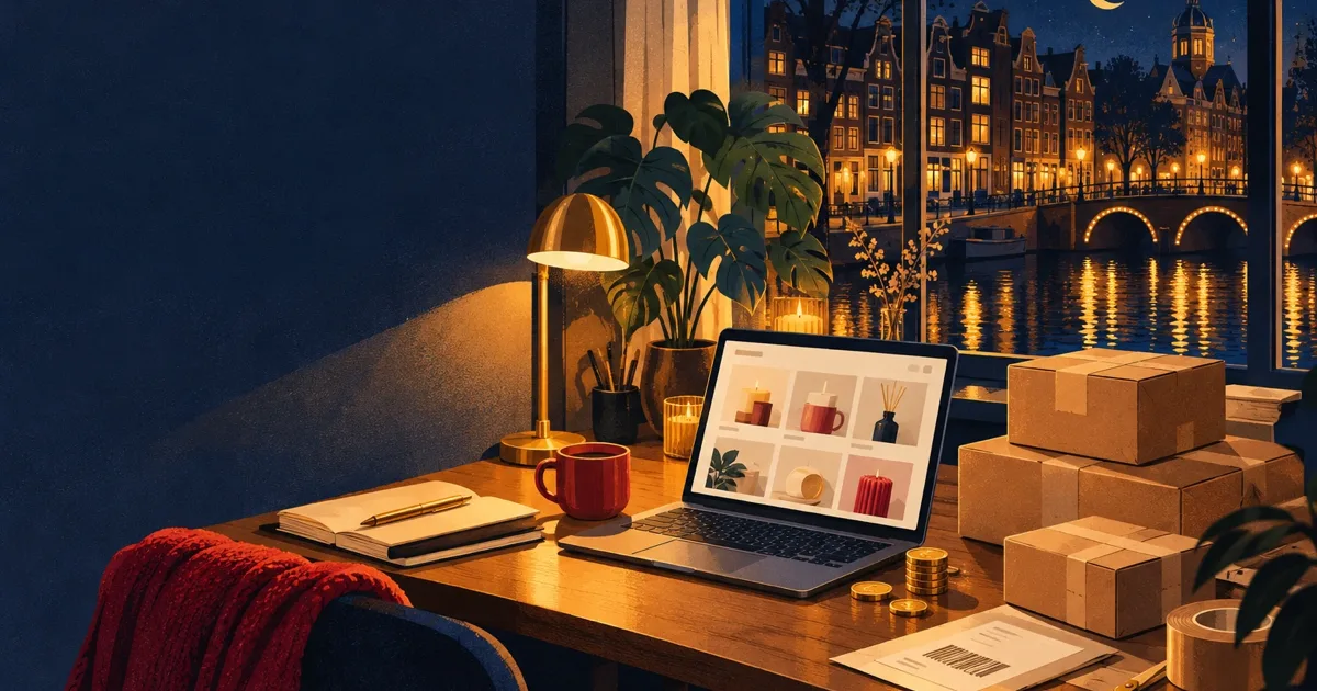 Illustration of a parcel, a laptop with an online store and euro coins, for a guide on how to sell on bol.com