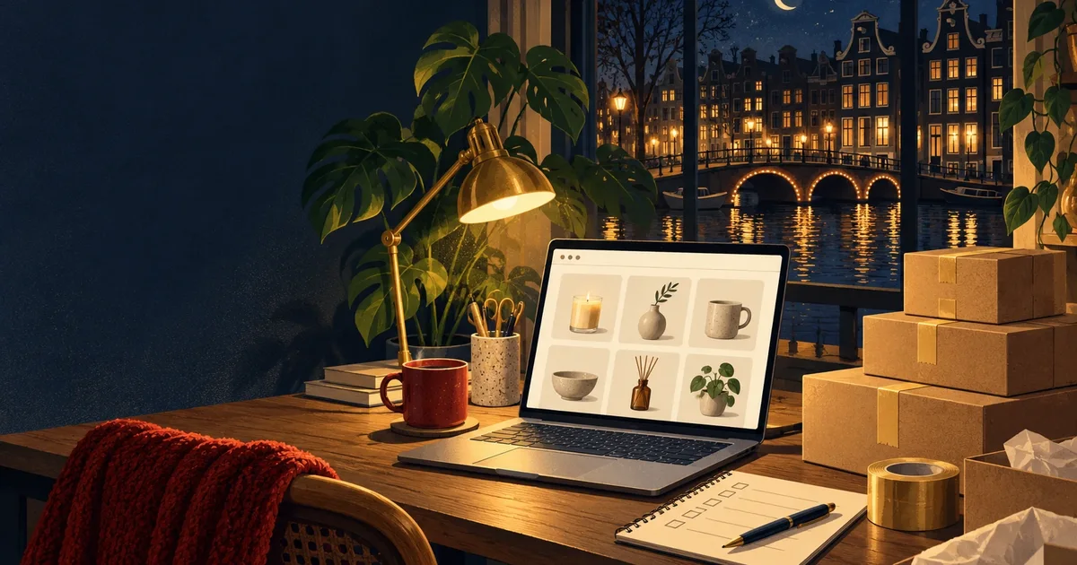 Night desk in front of a canal-side window with a laptop showing an online shop, a stack of parcels, a printed checklist with ticks and a brass lamp