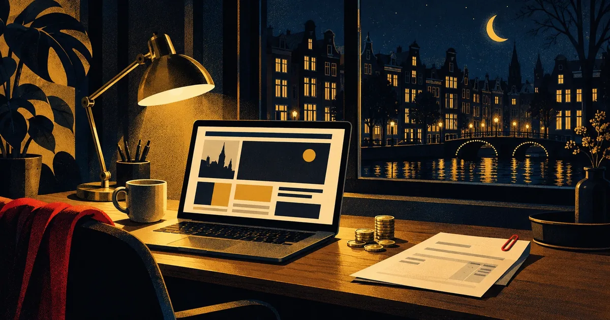 Illustration of a laptop with a website, euro coins and an invoice on a desk at night, with Amsterdam canal houses in the window