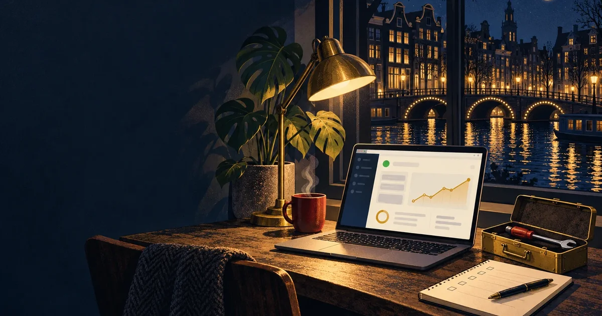 Night desk in front of a canal-side window with a laptop showing a website dashboard, a brass toolbox, a small checklist and a mug