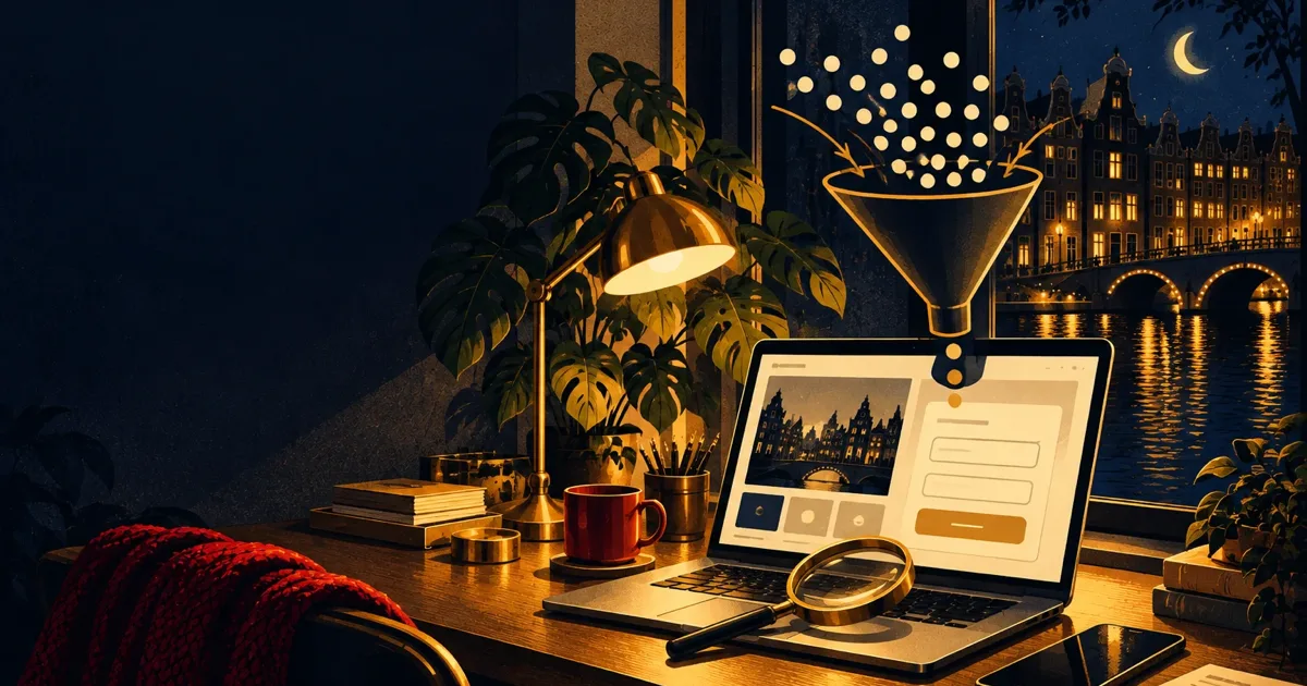 Night desk with a laptop showing an empty contact form, a golden funnel of visitor dots above it and a magnifying glass, with Amsterdam canal houses in the window