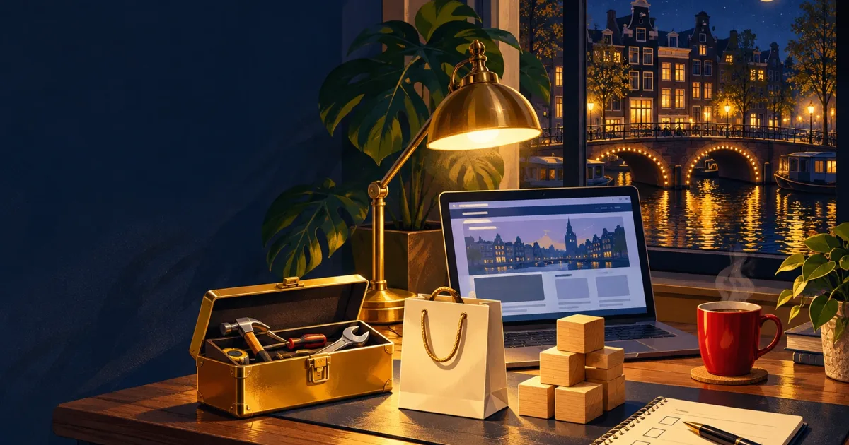 Nachtelijk bureau met een laptop met een websiteontwerp en daarvoor drie voorwerpen: een koperen gereedschapskist, een klein papieren boodschappentasje en een stapel houten bouwblokken