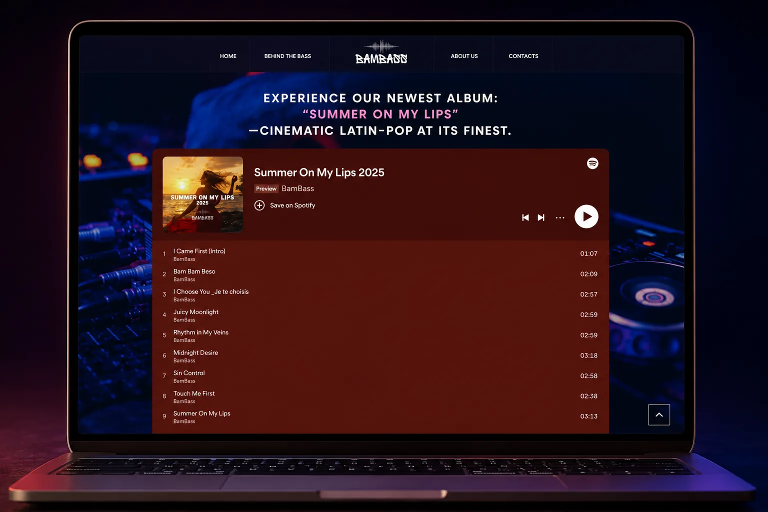 BamBass website homepage with an embedded Spotify player for the Summer On My Lips album