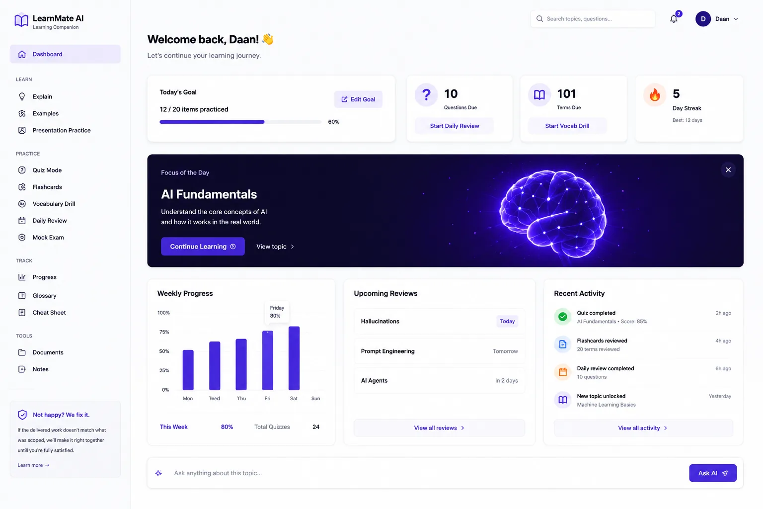 LearnMate AI dashboard showing progress, weekly quiz results and upcoming reviews