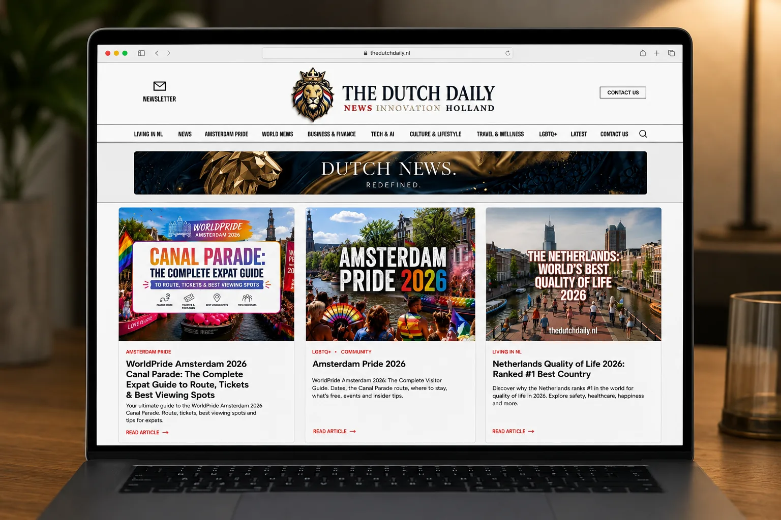 The Dutch Daily WordPress website displayed on a laptop